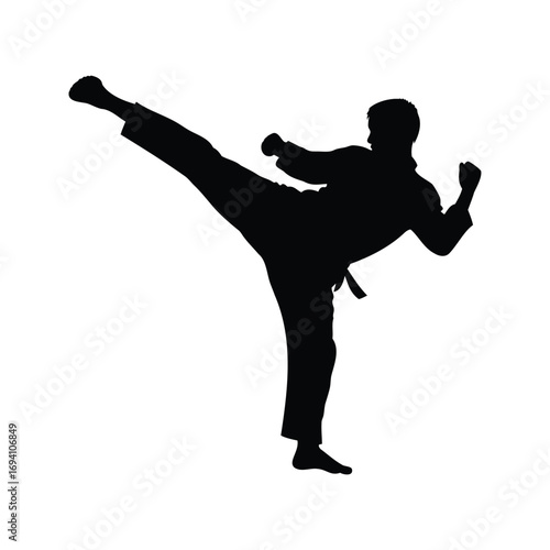 Silhouette of a person performing a high kick, practicing martial arts skills, martial artist performing kick silhouette vector illustration
