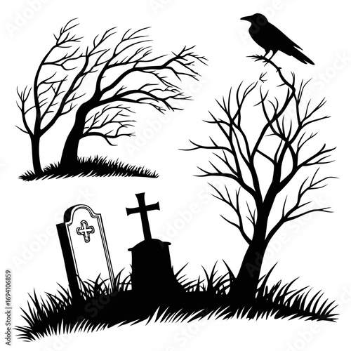 Spooky cemetery scene with crow and trees raven bare trees