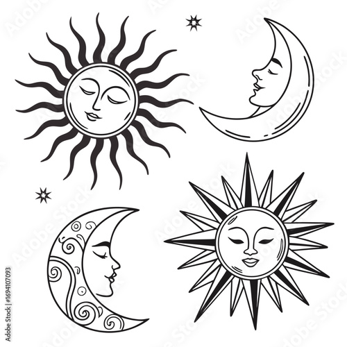 Stylized sun and moon faces celestial icons crescent