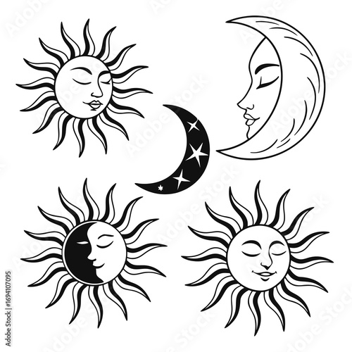 Stylized sun and moon faces with celestial elements