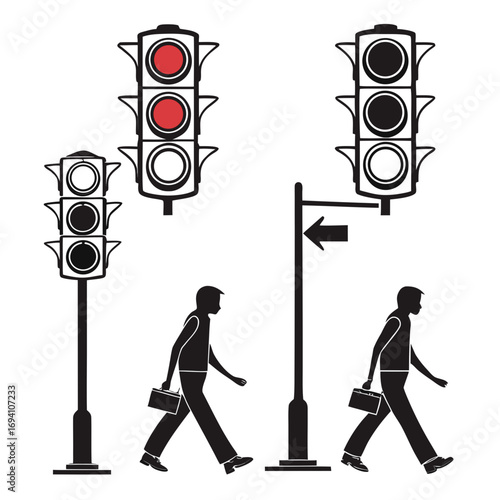 Traffic lights and pedestrians crossing red light black and white