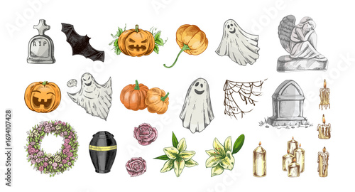 Hand drawn vintage halloween set of pumpkins ghosts bats spider webs crosses tombstones candles flowers wreaths isolated vector illustration