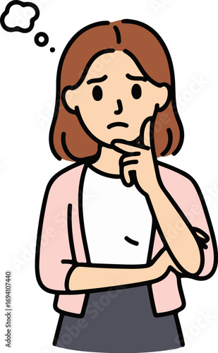 Young woman pondering with thought bubble questioning ideas making decision thinking deeply