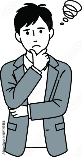 Young man in business attire thinking deeply with a question mark bubble above his head