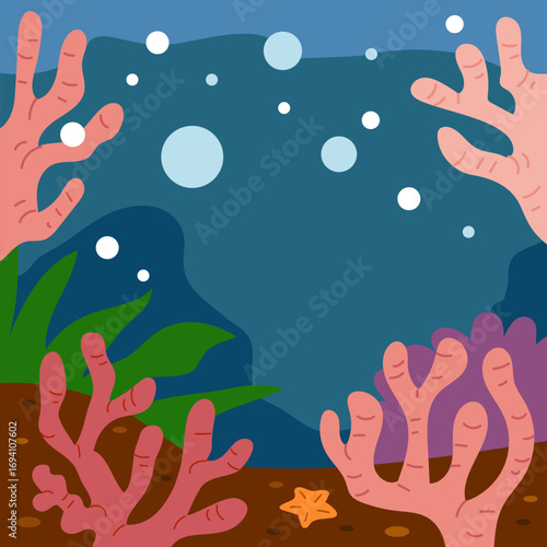 Underwater landscape with colorful corals. Color flat square background about marine life on seabed