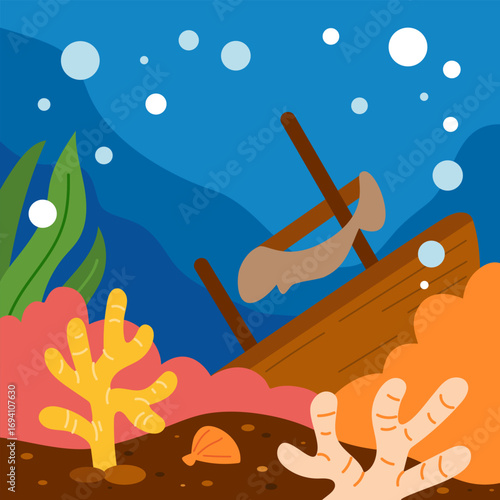 Square flat background of sunken ship with coral reef and algae on the sea floor. Cartoon color illustration for aquatic story scenes and educational underwater projects