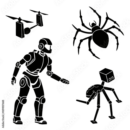 Various robot silhouettes drone spider humanoid cube