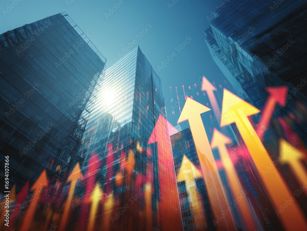 Obraz premium Successful growth companies. Booming economy and good business performance. Many arrows on background of many graphs and tall buildings