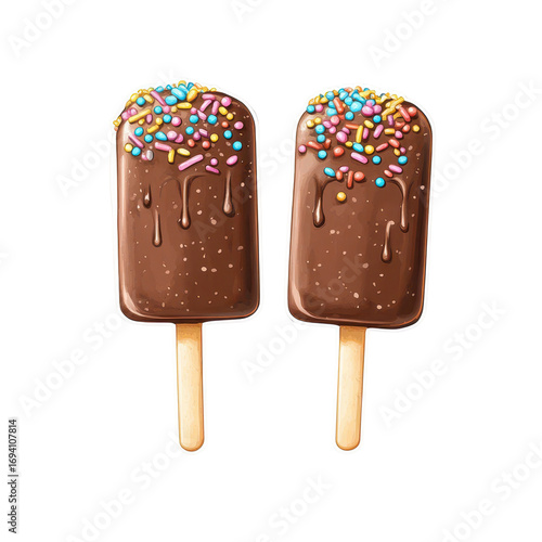 Delicious chocolate ice cream popsicles with colorful sprinkles