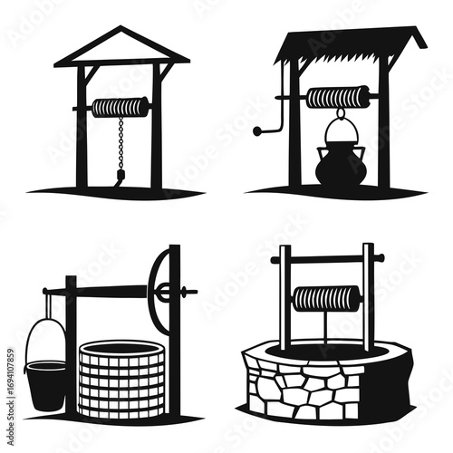 Village wells water jars silhouettes black and white