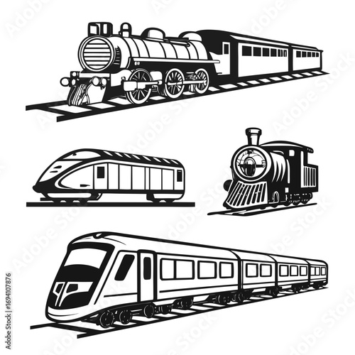 Vintage and modern train engines and carriages locomotive