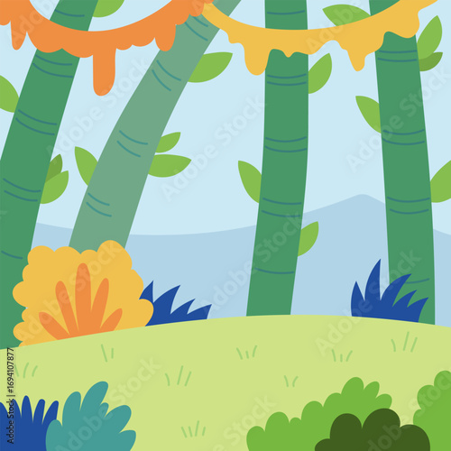 Lush meadow with bamboo trees in a asian forest. Cartoon square background in flat vector style. Color illustration for projects about pandas and nature