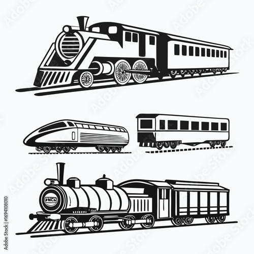 Vintage steam engine modern bullet train and passenger cars