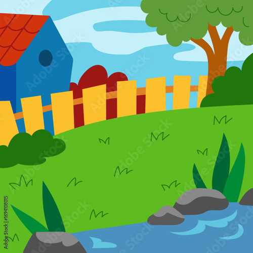 Square cartoon background with small lake and house behind a fence in flat vector style. Red roof and blue walls stand out. Peaceful meadow scene for farm or nature themes.