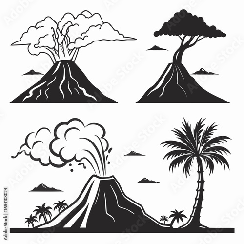 Volcano eruption and tropical island scenes lava smoke
