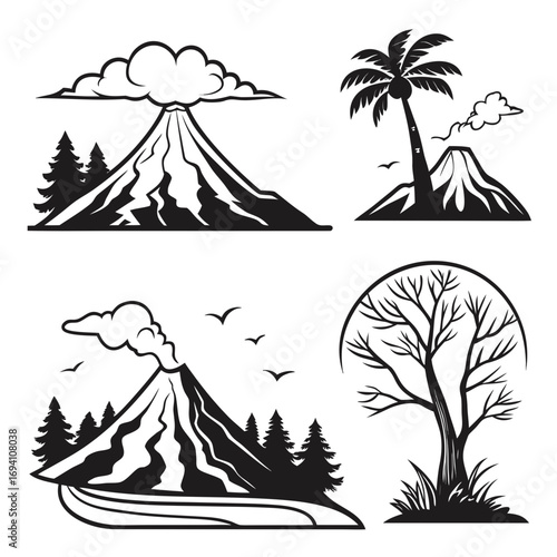Volcano eruption palm tree bare tree lava smoke