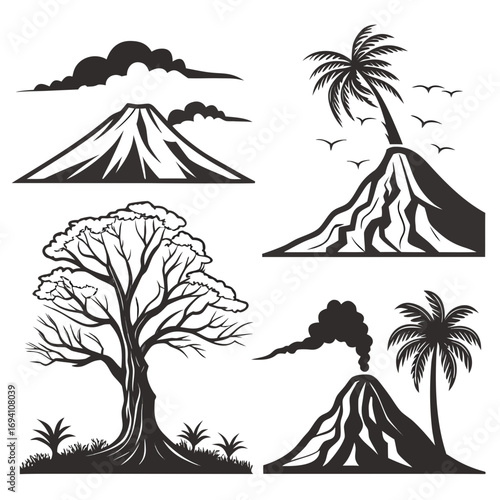 Volcano eruption palm tree and bare tree silhouettes