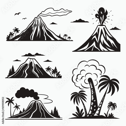 Volcano eruption palm trees and birds lava smoke