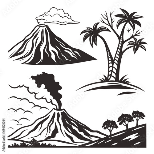Volcano eruption palm trees landscape lava smoke