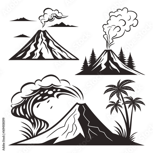 Volcano eruption smoke trees palm trees lava mountain