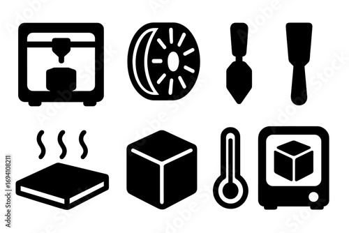 3D printing technology black silhouette icon set. Vector symbols for additive manufacturing, prototyping. Includes printer, filament, nozzle, spatula, heatbed, cube, thermometer.