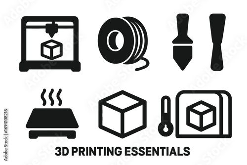 3D printing essentials icon set. Vector silhouette symbols of printer, filament, nozzle, spatula, and heatbed. Additive manufacturing technology graphic elements collection.