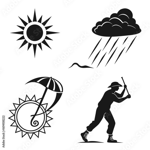 Weather icons sun rain umbrella person cloud