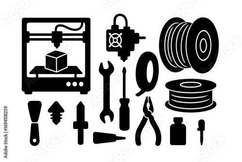 3D printing silhouette icon set with printer, filament, and tools. Vector collection for additive manufacturing, rapid prototyping, and technology design elements. Isolated glyphs.