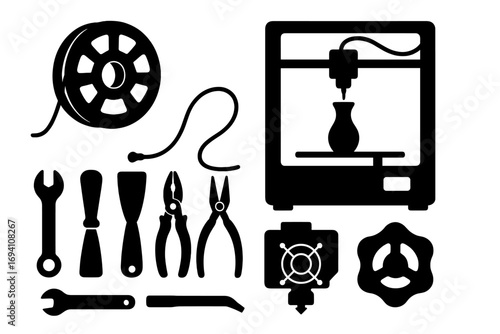 3D printing silhouette icon set. Vector collection of 3d printer, filament, tools, and accessories. Manufacturing, prototyping and technology concept. DIY maker equipment.