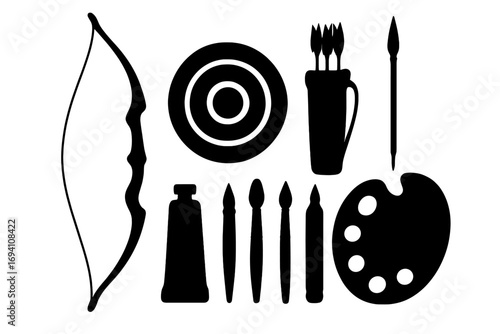 Archery and art tools silhouette collection. Vector icon set of sport and creative hobbies. Includes bow, arrows, target, quiver, paint brushes, palette, and tube. Isolated.