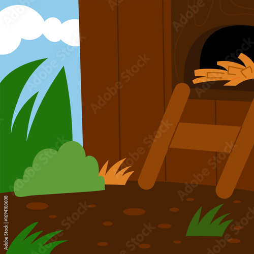 Flat square scene of farm with a wooden chicken coop for bird nest. Vector illustration for farm and countryside designs.