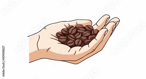 Vector art of closeup of a persons hand gently holding a handful of dark roasted coffee beans