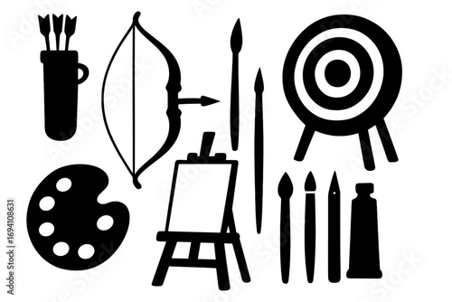 Archery sport and art hobby icons. Silhouette set. Bow arrow target. Artist creative tools. Easel paintbrush palette paint tube. Vector illustration isolated elements.