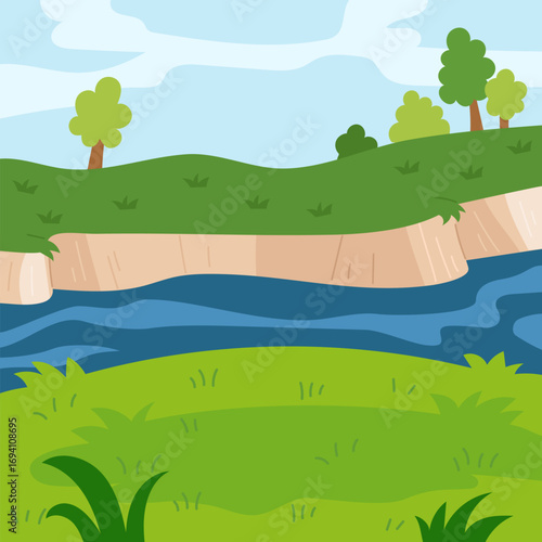 Flat cartoon background with river flowing between grassy shores. Calm cartoon illustration for farm or forest stories about nature and animals