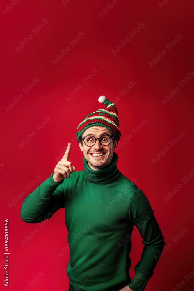 Fototapeta premium Photo of a happy man in a green turtleneck and Christmas hat on a red background sweater smiling striped.