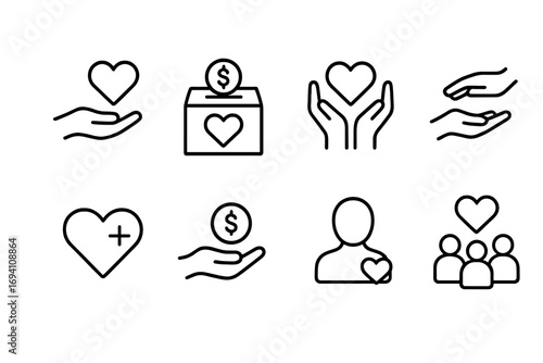 Charity donation line icon set. Support, help, community assistance outline collection. Vector for volunteering, fundraising, love, care, social work, philanthropy concept.