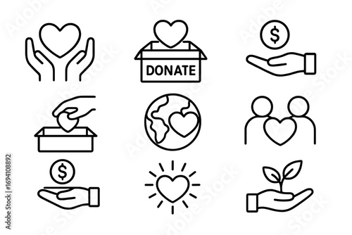 Charity and donation line icon set. Support, help, and community assistance symbols. Volunteer, giving, and nonprofit vector icons. Love, care, and financial aid concepts.