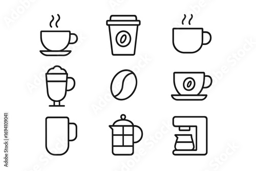 Coffee beverage outline icon set. Cafeteria hot drink symbols line collection. Vector illustration. Cafe latte, espresso, cappuccino, mug, french press, coffee maker icons.