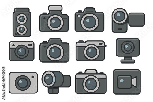 Camera icon set. Photography and video pictogram collection. DSLR, mirrorless, camcorder, retro film camera. Photo and movie equipment symbol for web and app. Vector logo.