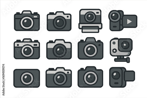 Camera icon set collection. Photography and video signs. Vector glyph symbols for web and app design. DSLR, action cam, camcorder, instant photo camera pictogram.