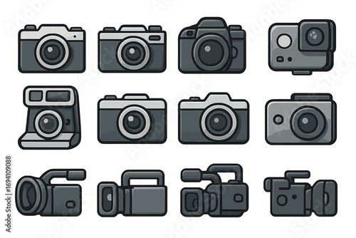 Camera and video recorder icon set. Vector collection of photography, film, and digital camcorder symbols. Various styles like dslr, action cam, and retro models.