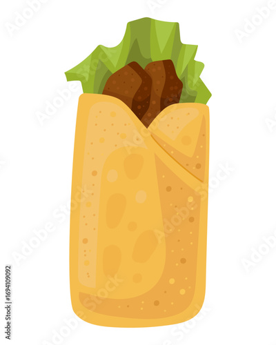 Chicken wrap with fresh salad. Fast food vector illustration of burrito in flat style. Shawarma tortilla wrap isolated on white background for menus and designs