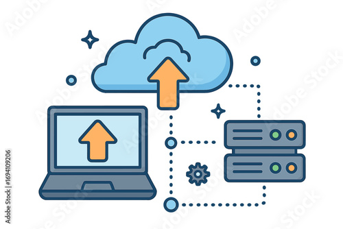 Cloud computing concept with laptop uploading data to an online server. Digital file transfer, storage, and backup technology. Network hosting and database services vector icon.
