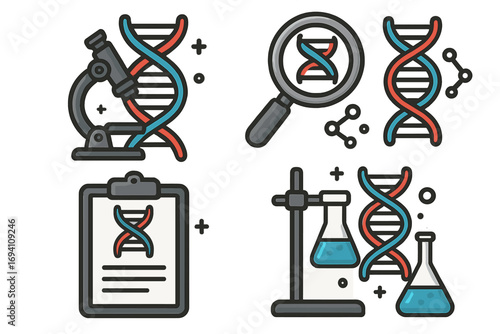 DNA research and genetics icon set. Gene analysis, laboratory testing, and biotechnology concepts. Vector icons for science, medicine, and chemistry with microscope and flasks.