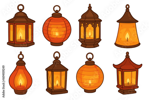 Collection of decorative cartoon lanterns. Set of various festive lamp designs for celebration. Asian paper, traditional and oriental lantern style. Vector illustration.