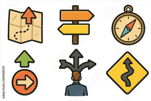 Directional icon set for navigation and choice. Business strategy, career path concept. Vector map, compass, signpost, crossroads symbols for decision making journey.