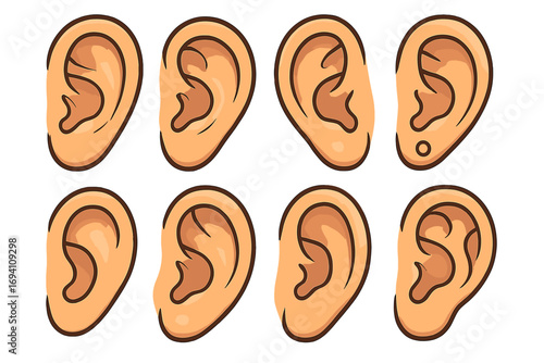 Human ear vector set. Collection of cartoon ears in various shapes for anatomy, character design, or audiology concepts. Body part illustration with different styles and piercing.
