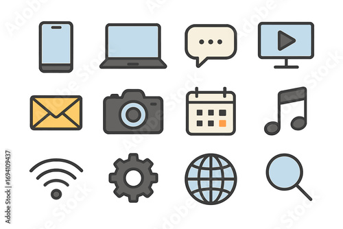 Web icon set. Mobile app ui elements. Minimalist symbols for digital communication. Technology icons. Phone, computer, chat, video, email, camera, calendar, music, wifi, search.