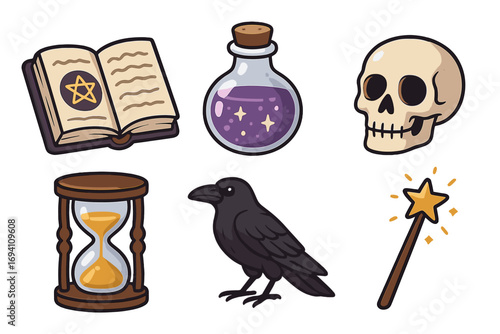 Magic icon set for witchcraft and wizardry. Mystical cartoon collection with spellbook, potion, skull, hourglass, raven, and wand. Vector symbols for Halloween occult design.