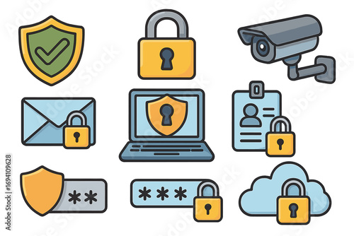 Security icon set for data protection and cybersecurity. Vector collection of safety symbols like padlock, shield, camera, and password for internet privacy and access control.